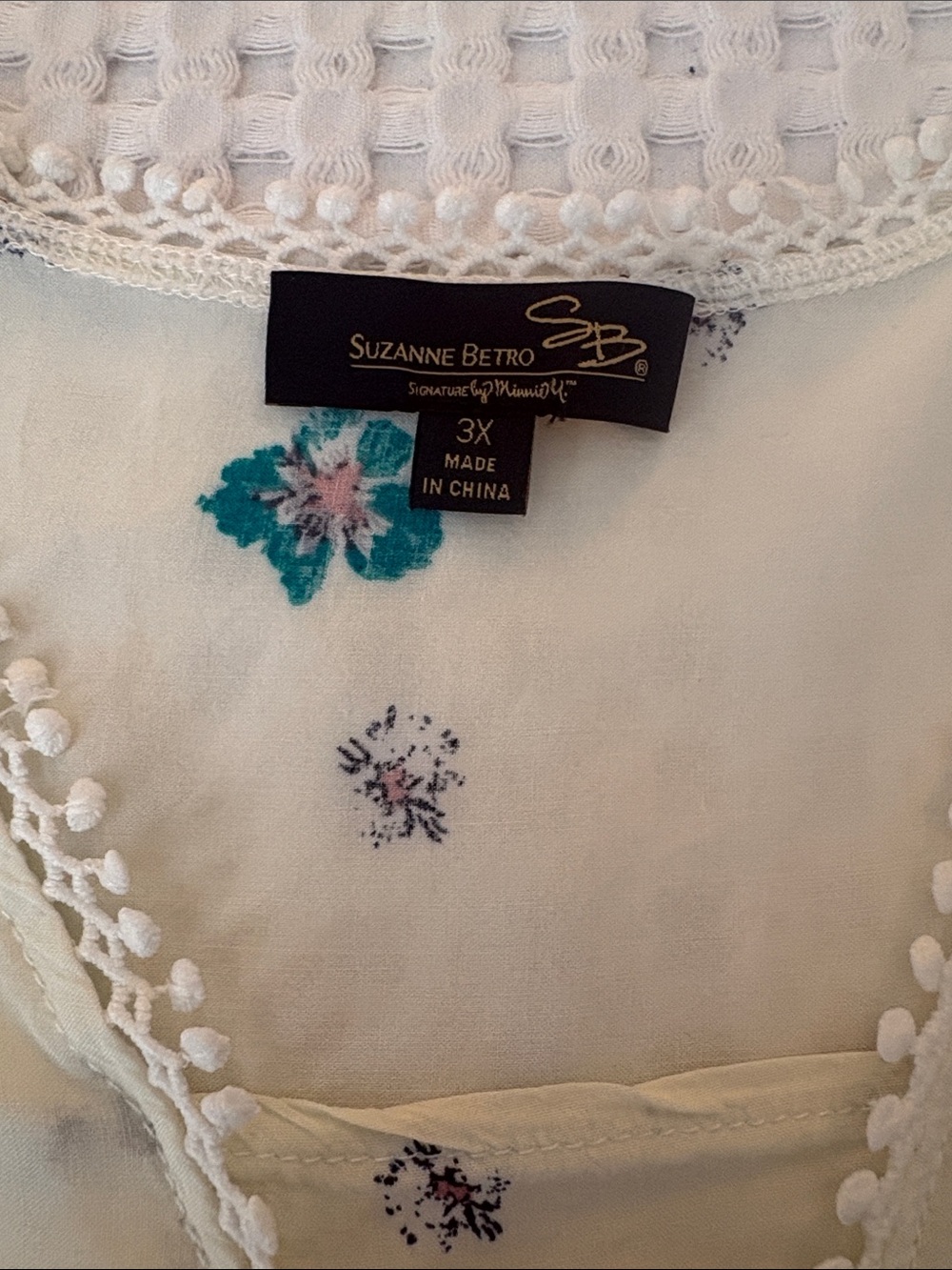 Suzanne Betro Cotton BOHO Cream Tunic with Teal & Black Floral Border SZ 3X - Picture 3 of 5